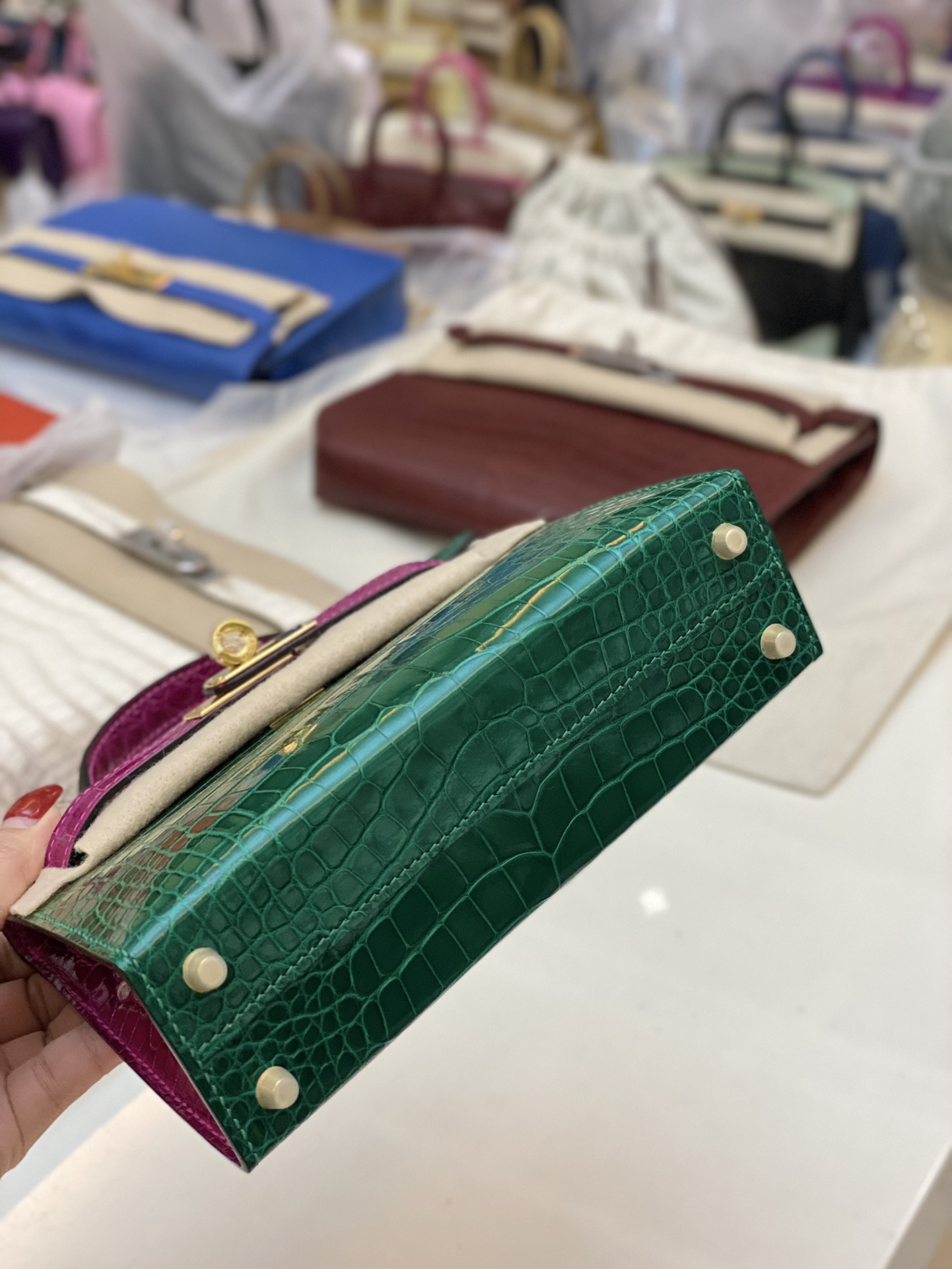 Hermes Kelly Mini II Bag 19CM In Green Purple Shiny Alligator Leather